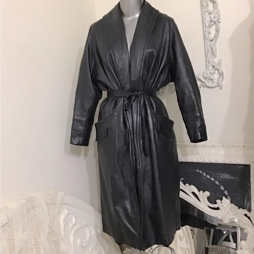 VINTAGE Black Leather Maxi Coat - Picture 2 of 12